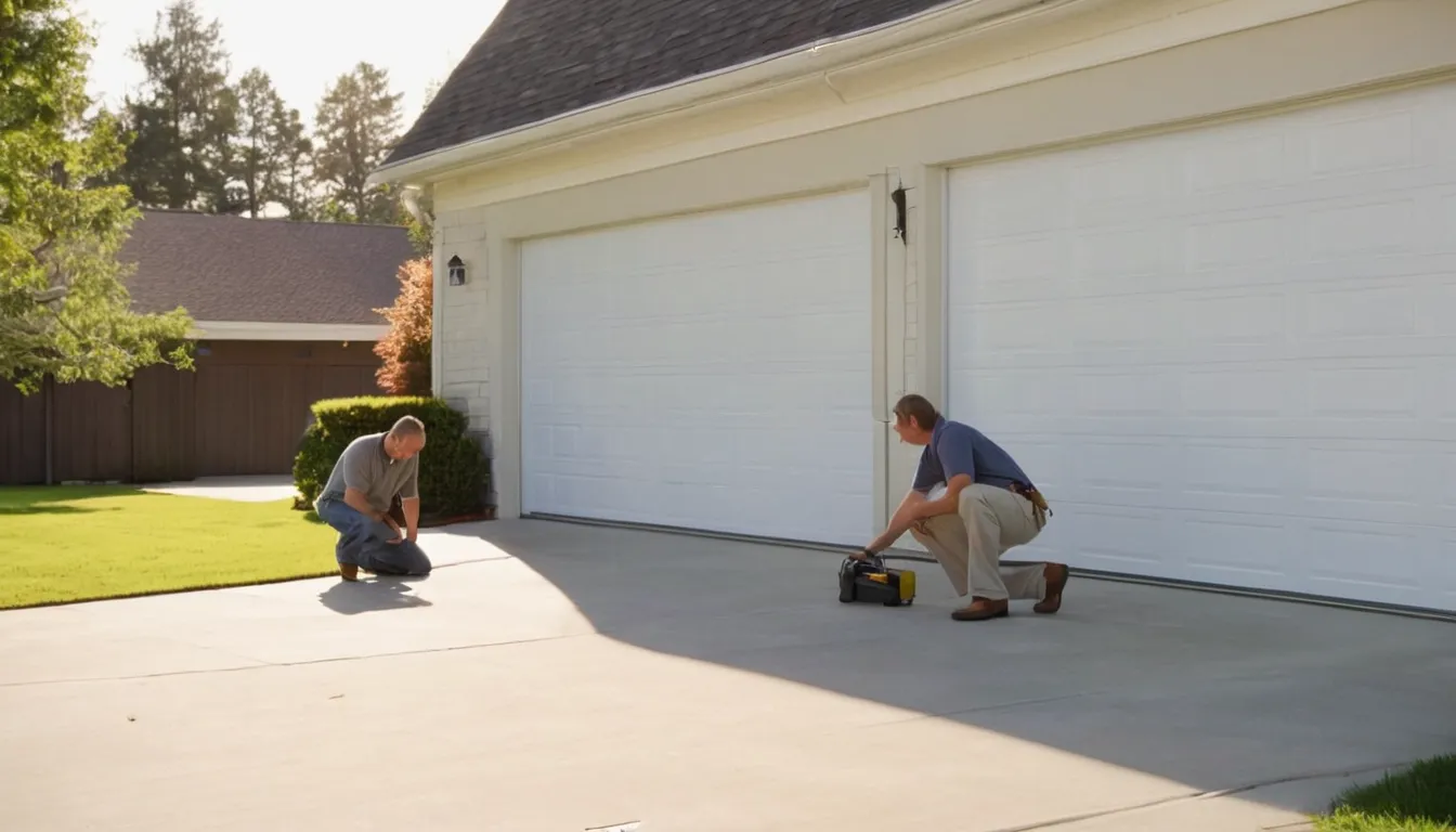 A local provider checking the track and springs of a garage door on a brick ranch home in Flower Mound