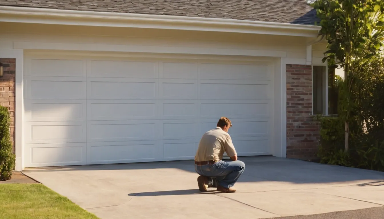 A residential garage door with a local provider checking the tracks in Flower Mound